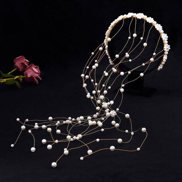 Pearl Bridal Headband Gold Tassel Hair Accessory for Weddings and Events main image 4